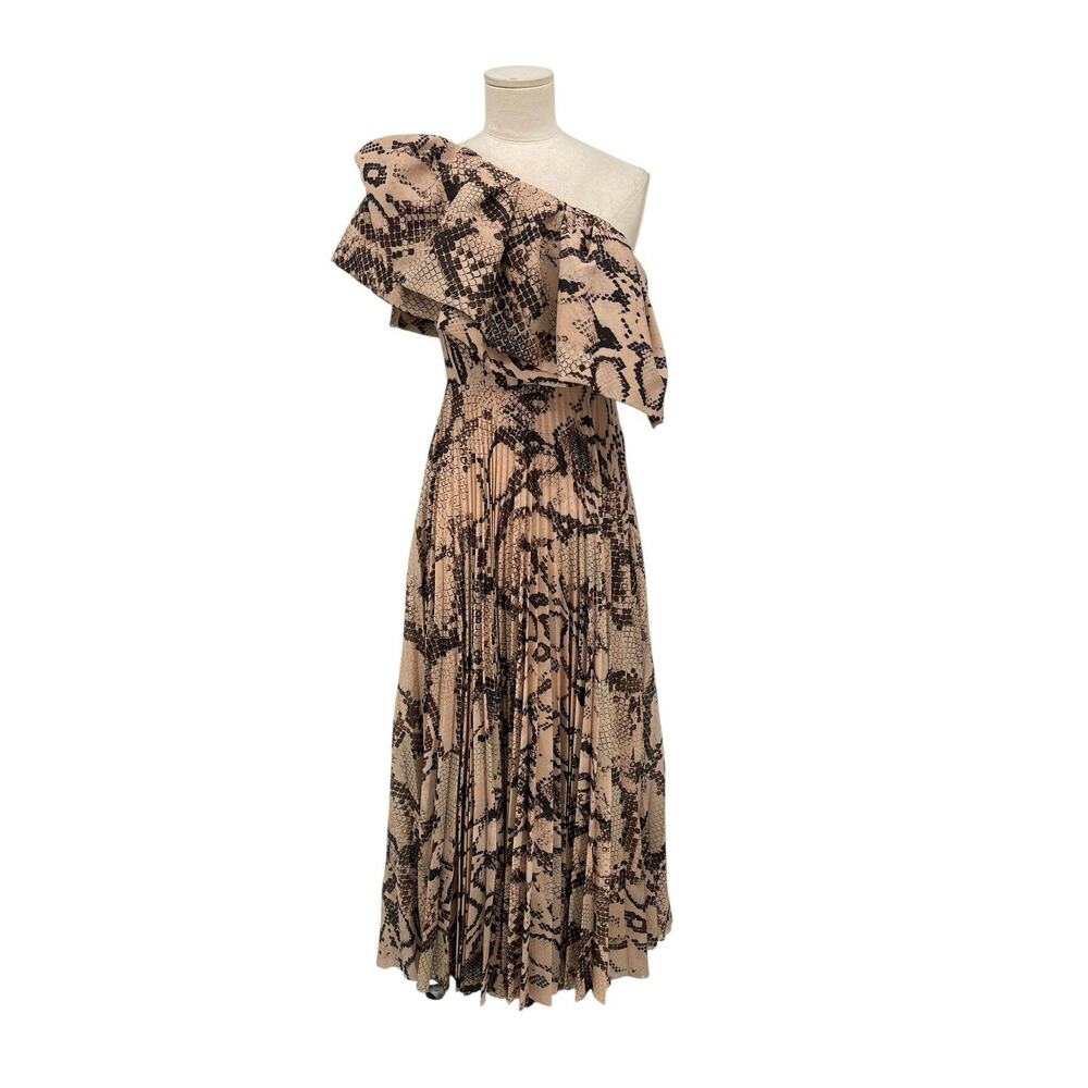 NWT Solace London Rosa Dress One Shoulder Snake Print Ruffle Pleated Size 0